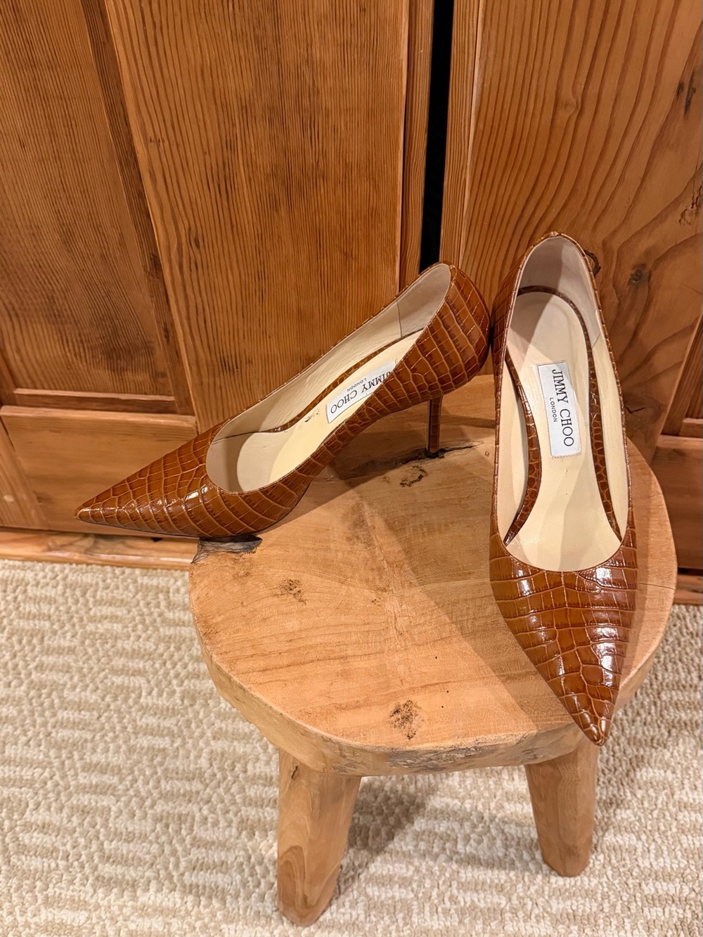 Jimmy Choo Croc-Embossed Pointed Toe Pumps in Cognac Brown
